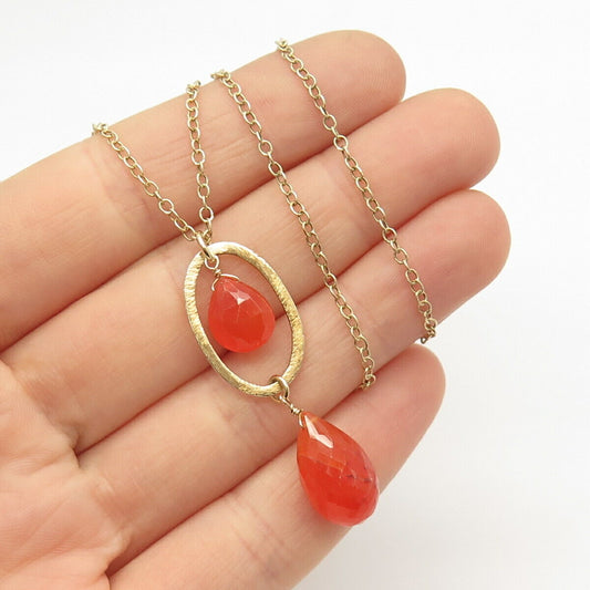 925 Sterling Silver Gold Plated Agate Gem Oval Pendant Rolo Chain Necklace 18"