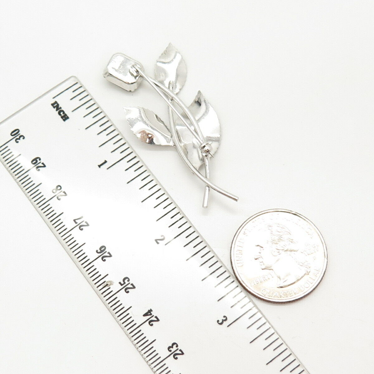 925 Sterling Silver Antique Van Dell Rhinestone Twig Leaf Pin Brooch