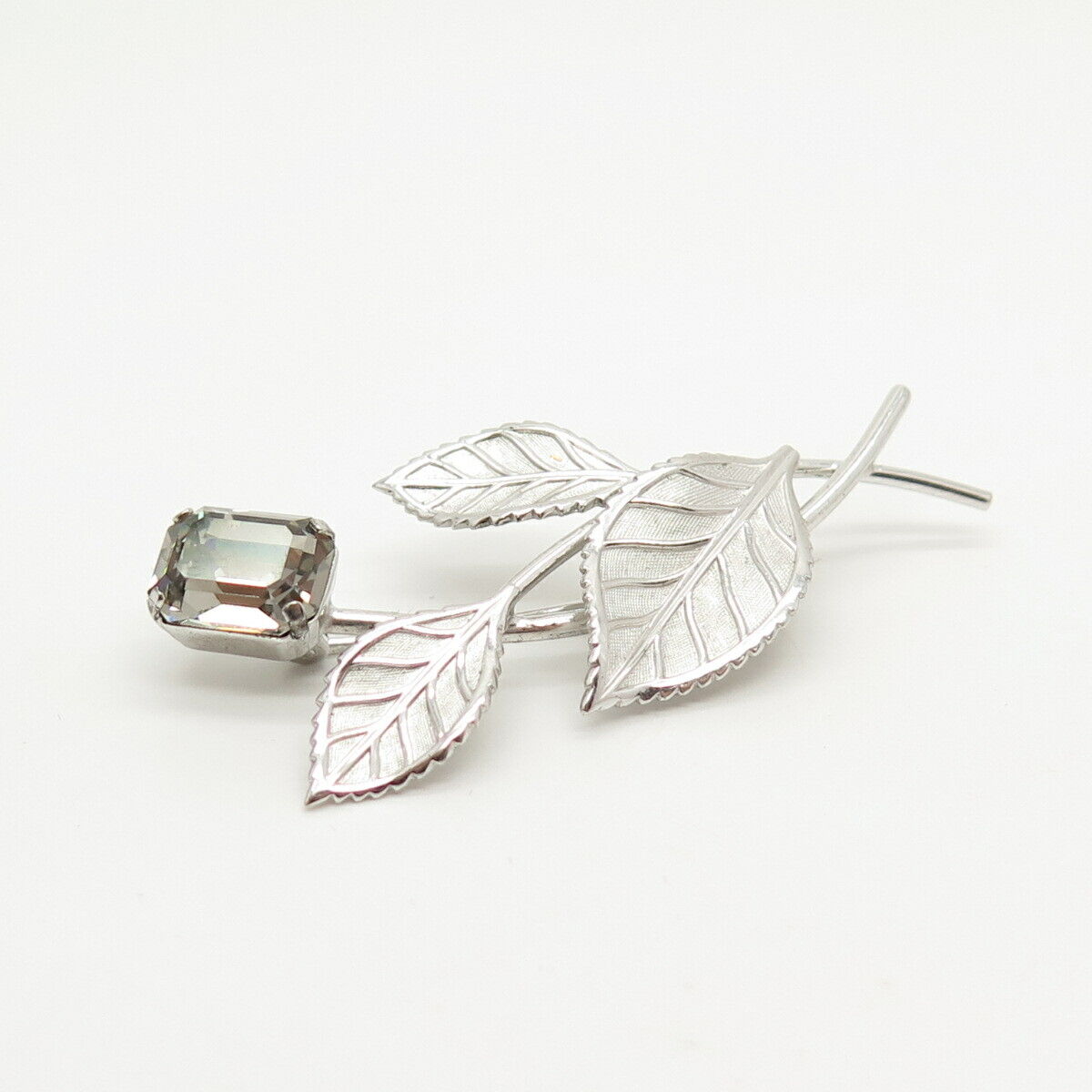 925 Sterling Silver Antique Van Dell Rhinestone Twig Leaf Pin Brooch