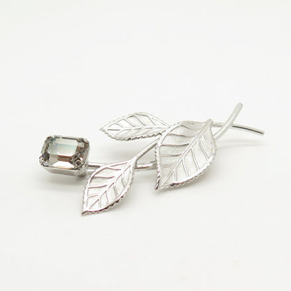 925 Sterling Silver Antique Van Dell Rhinestone Twig Leaf Pin Brooch