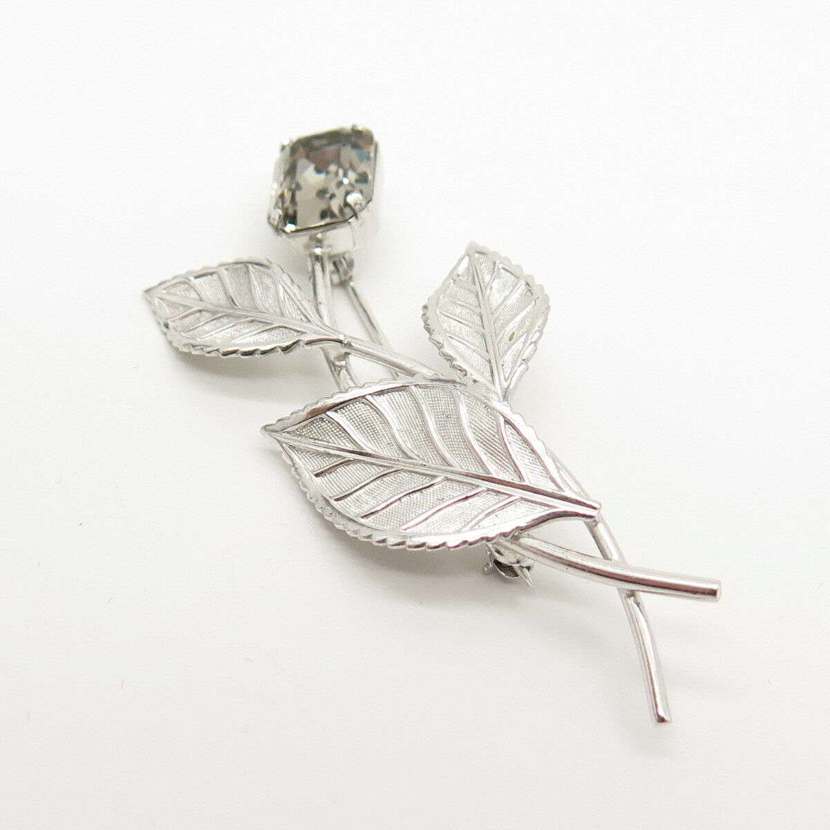 925 Sterling Silver Antique Van Dell Rhinestone Twig Leaf Pin Brooch