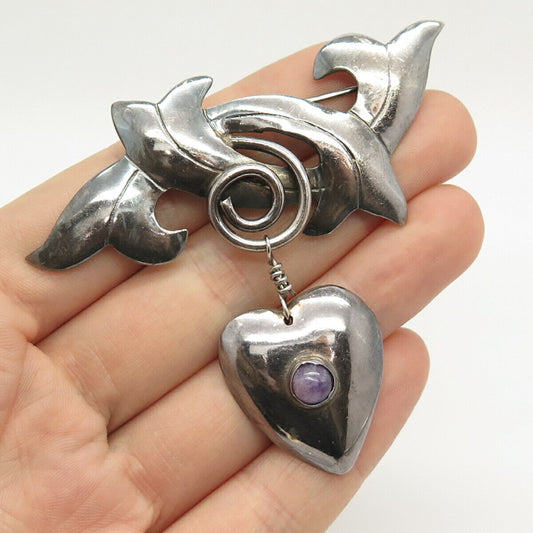 925 Sterling Silver Vintage Mexico Real Amethyst Gem Heart Pin Brooch