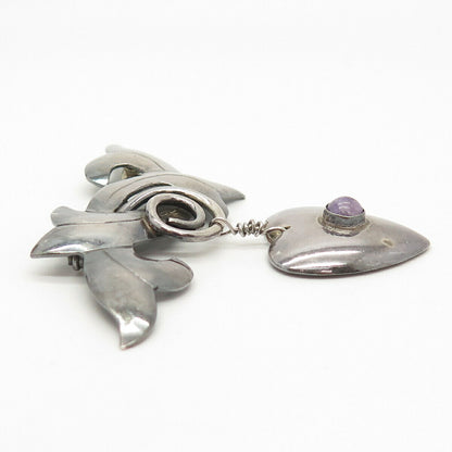 925 Sterling Silver Vintage Mexico Real Amethyst Gem Heart Pin Brooch