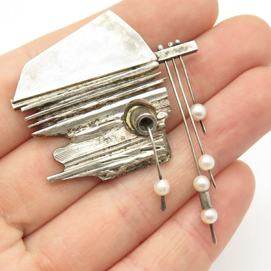 925 Sterling Silver Vintage Real Pearl Modernist Pin Brooch