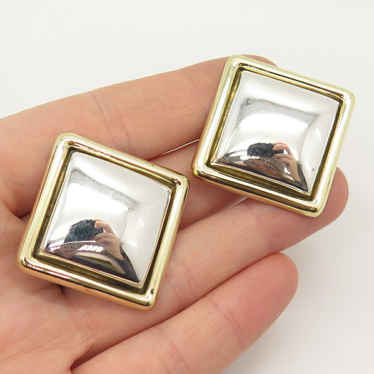 925 Sterling Silver 2-Tone Vintage Mexico Square Clip On Earrings