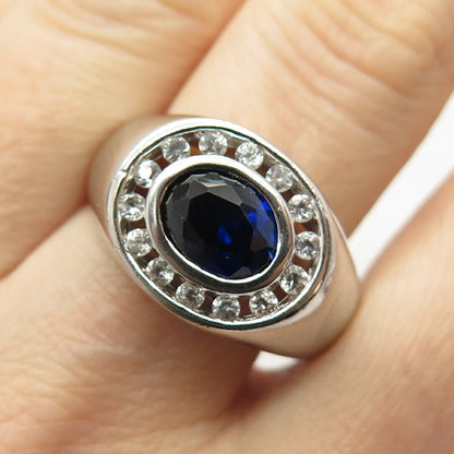 925 Sterling Silver Real Lab-Created Sapphire Gem & C Z Ring Size 10 1/4