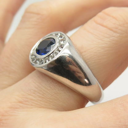 925 Sterling Silver Real Lab-Created Sapphire Gem & C Z Ring Size 10 1/4