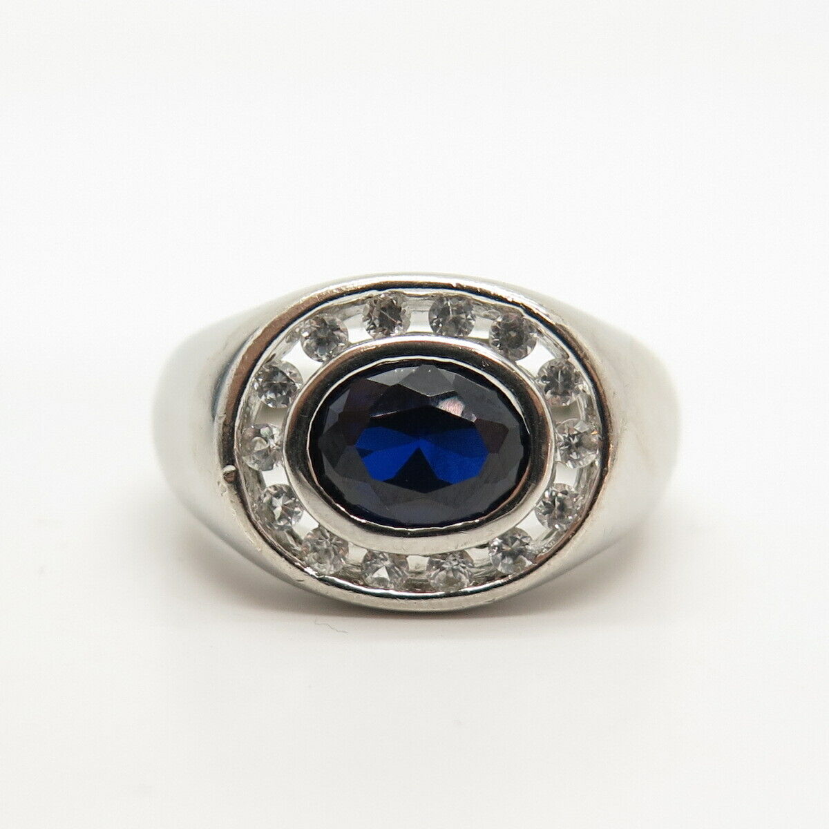 925 Sterling Silver Real Lab-Created Sapphire Gem & C Z Ring Size 10 1/4