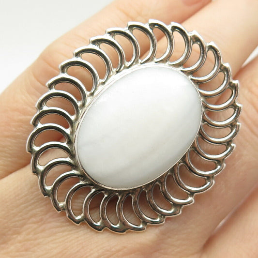 925 Sterling Silver Vintage Mexico Real Mother-of-Pearl Oval Ring Size 6 3/4