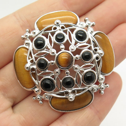 925 Sterling Silver Real Tiger Eye & Black Onyx Gem Pendant