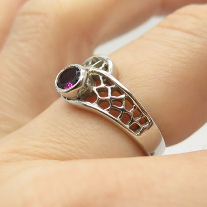 925 Sterling Silver Vintage Real Amethyst Gem Cage Ring Size 7