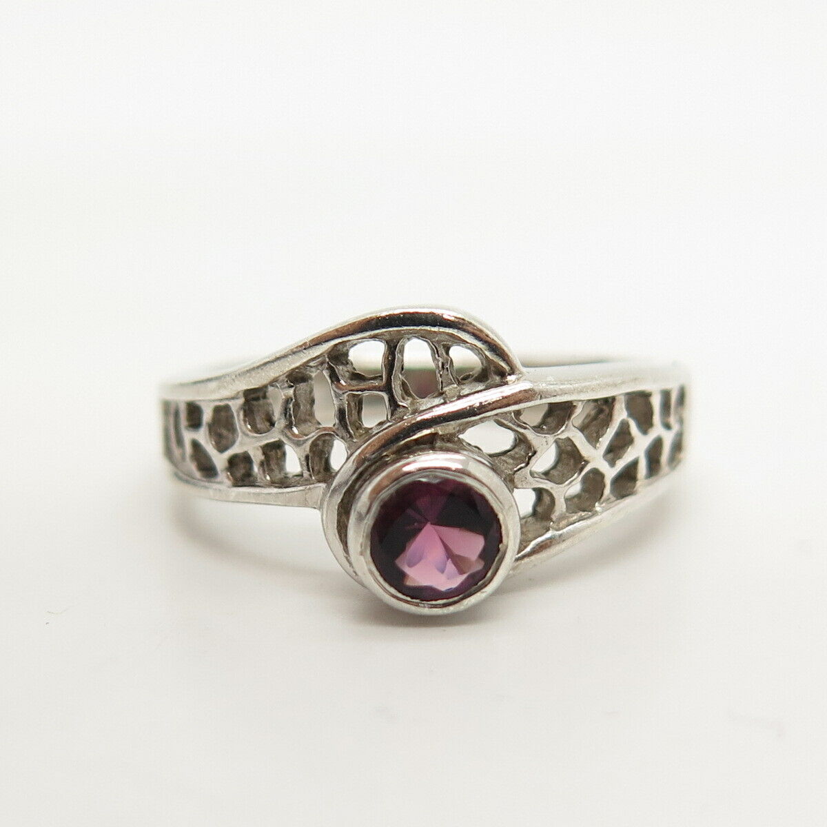 925 Sterling Silver Vintage Real Amethyst Gem Cage Ring Size 7