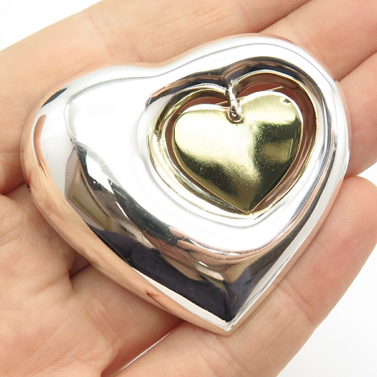 925 Sterling Silver 2-Tone Vintage Mexico Double Heart Pin Brooch / Pendant