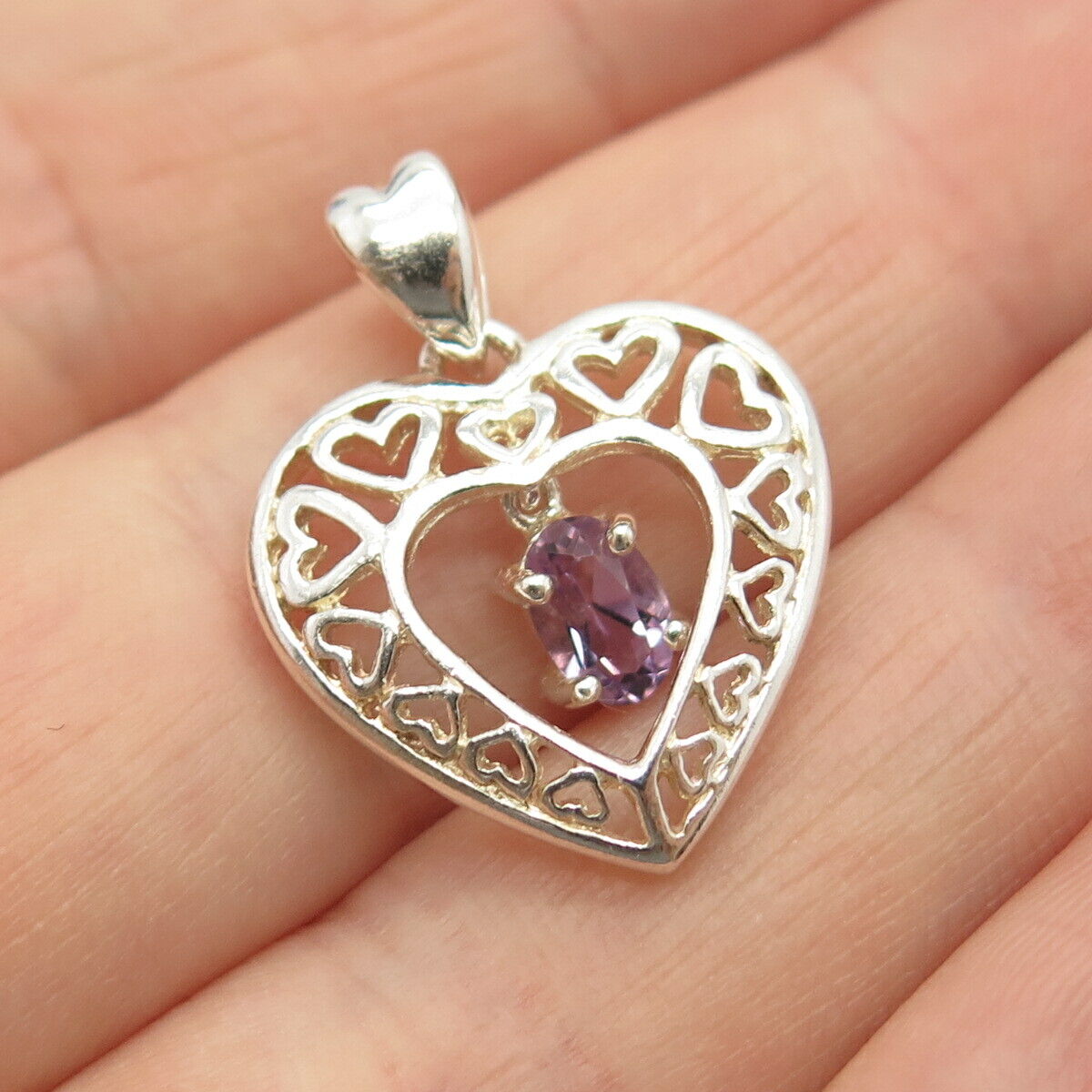 925 Sterling Silver Vintage Real Amethyst Gemstone Heart Pendant