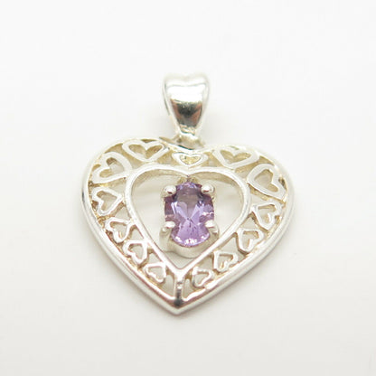 925 Sterling Silver Vintage Real Amethyst Gemstone Heart Pendant