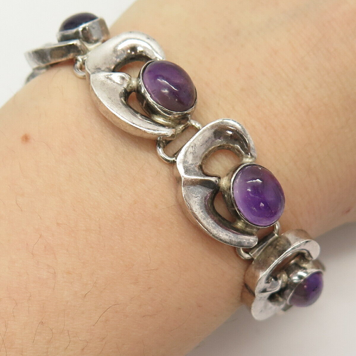 925 Sterling Silver Vintage Mexico Amethyst Gemstone Link Bracelet 6 3/4"