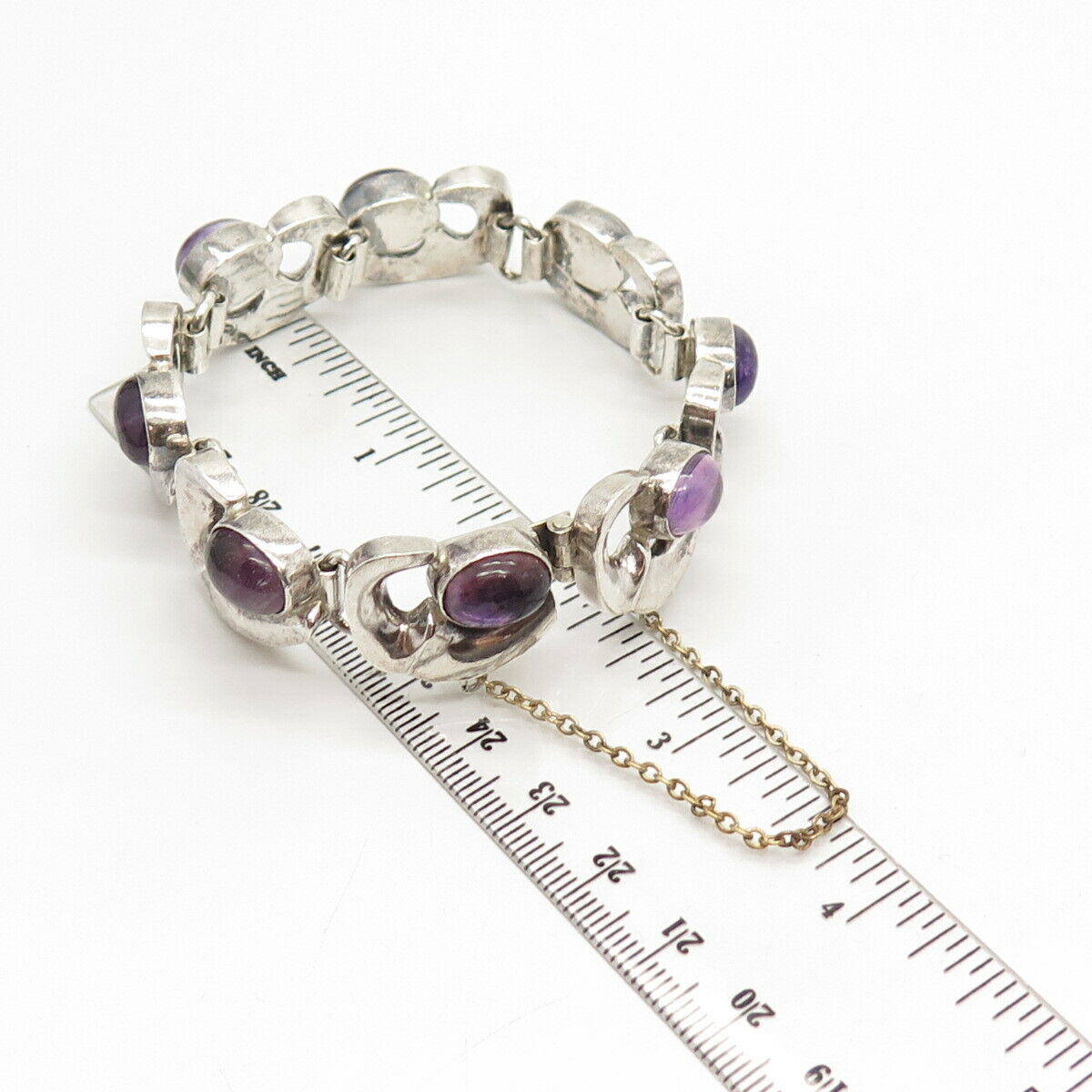 925 Sterling Silver Vintage Mexico Amethyst Gemstone Link Bracelet 6 3/4"