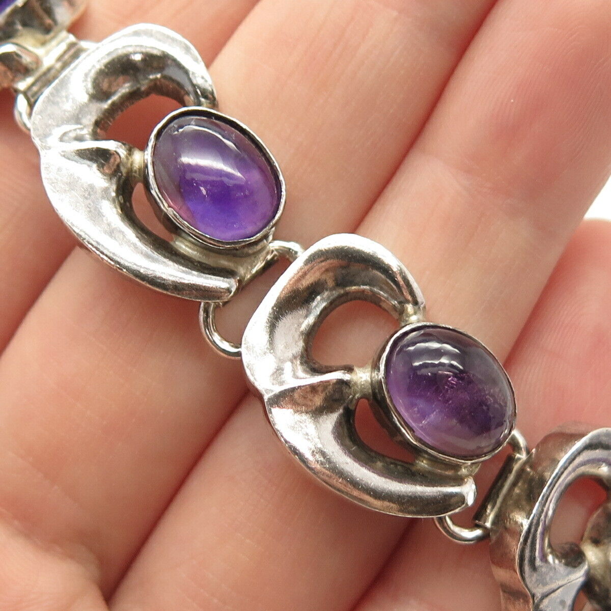 925 Sterling Silver Vintage Mexico Amethyst Gemstone Link Bracelet 6 3/4"