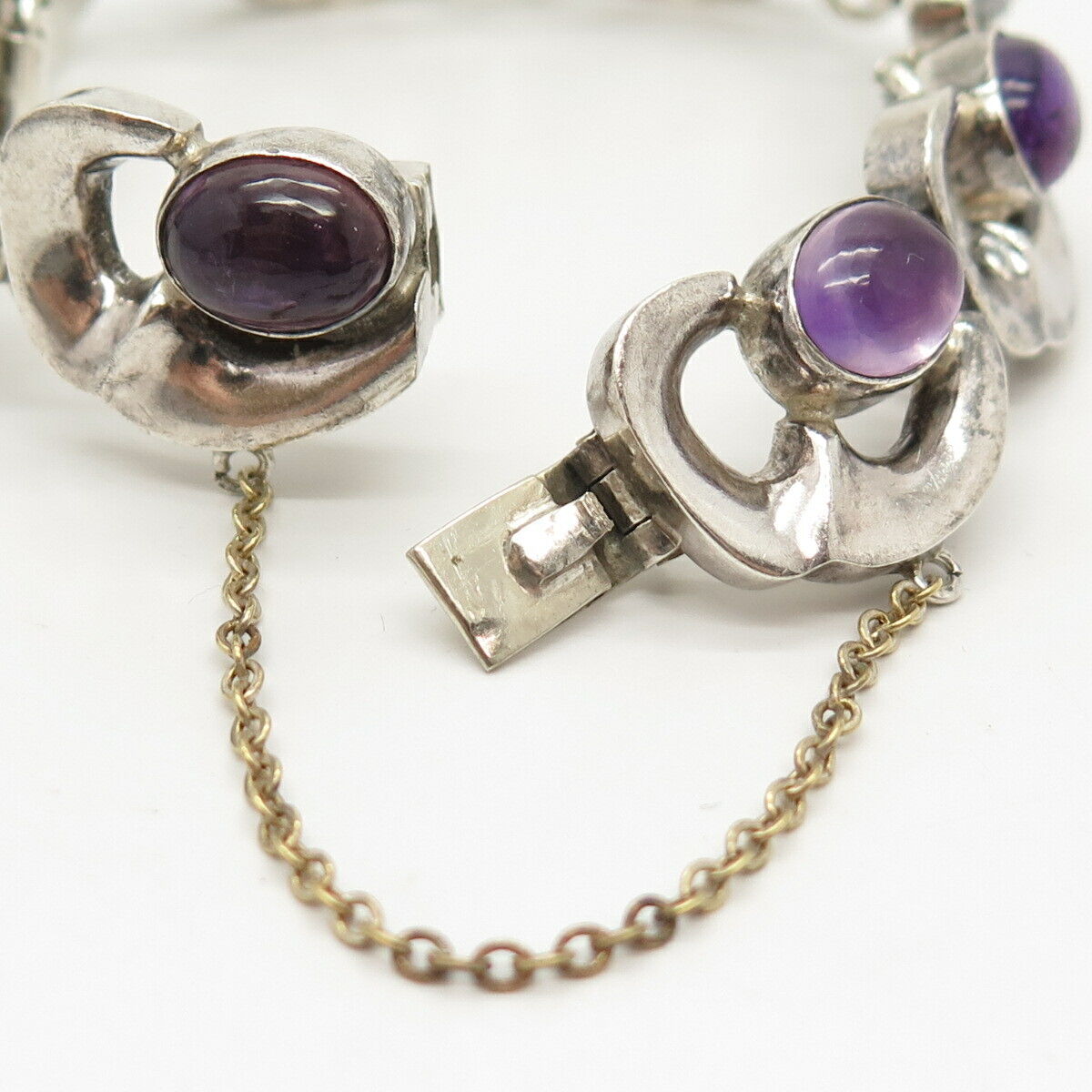 925 Sterling Silver Vintage Mexico Amethyst Gemstone Link Bracelet 6 3/4"