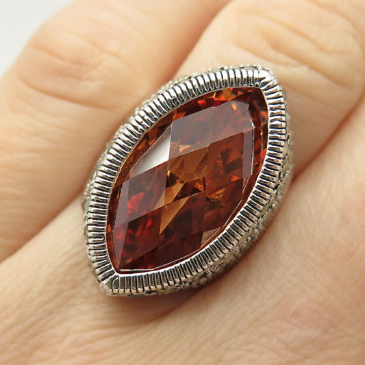 925 Sterling Silver Vintage Real Marcasite Gem & Cognac-Tone C Z Ring Size 5 3/4