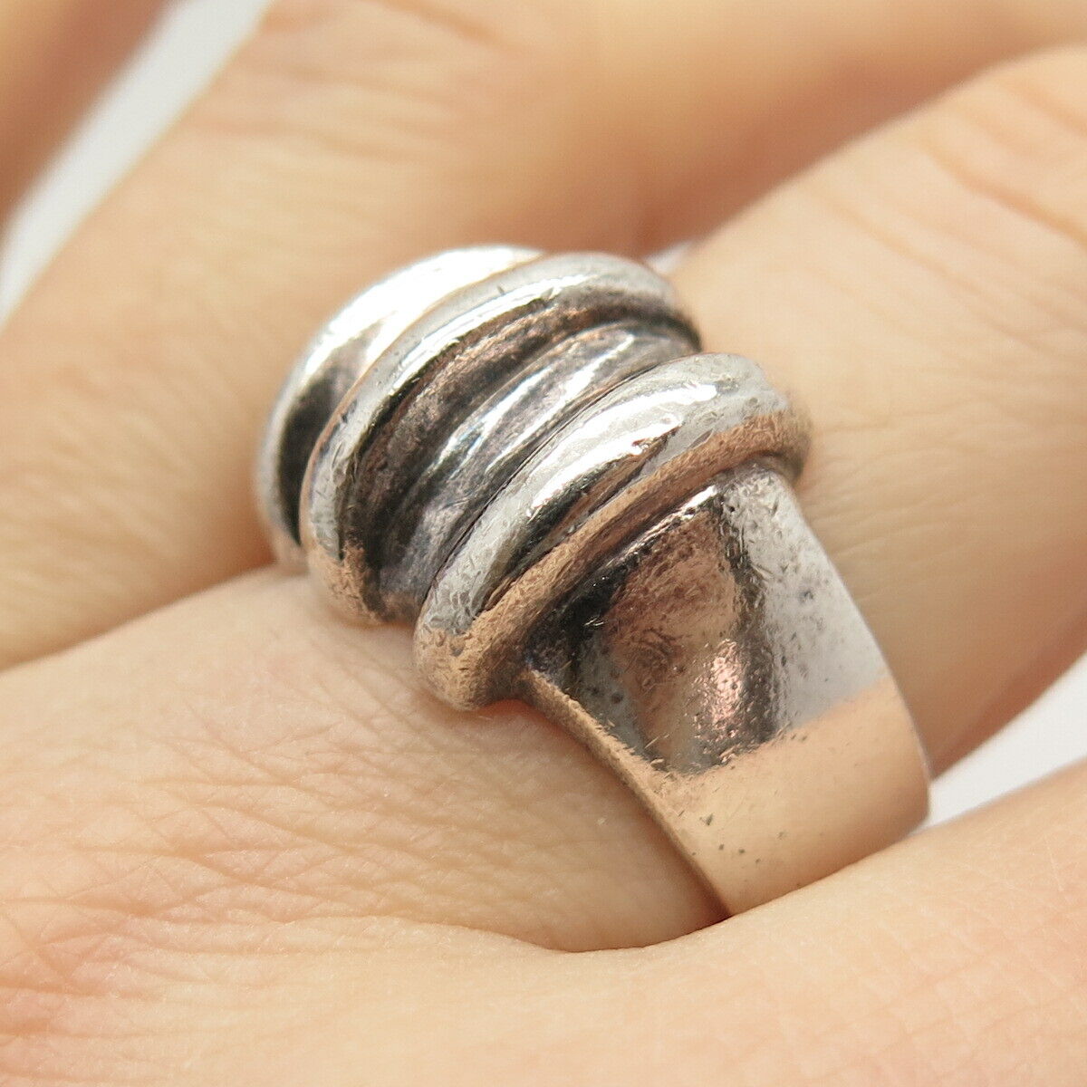 925 Sterling Silver Vintage Ribbed Ring Size 9 3/4