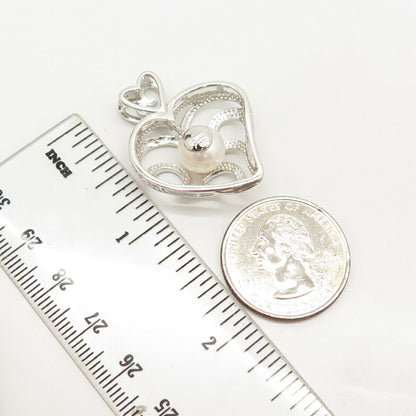 925 Sterling Silver Real Pearl Ornate Heart Pendant