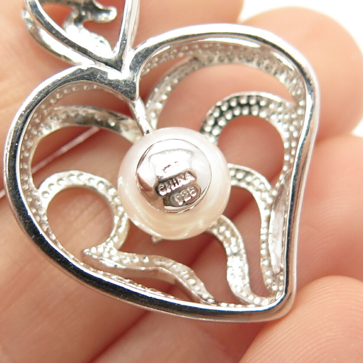 925 Sterling Silver Real Pearl Ornate Heart Pendant