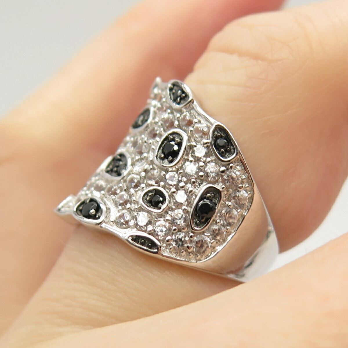 925 Sterling Silver Real White Topaz & Melanite Gem Ring