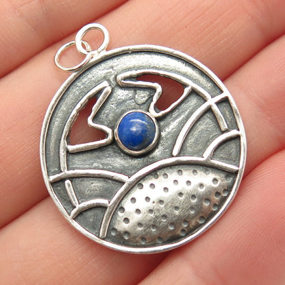 925 Sterling Silver Vintage Real Lapis Lazuli Gem Tribal Pendant