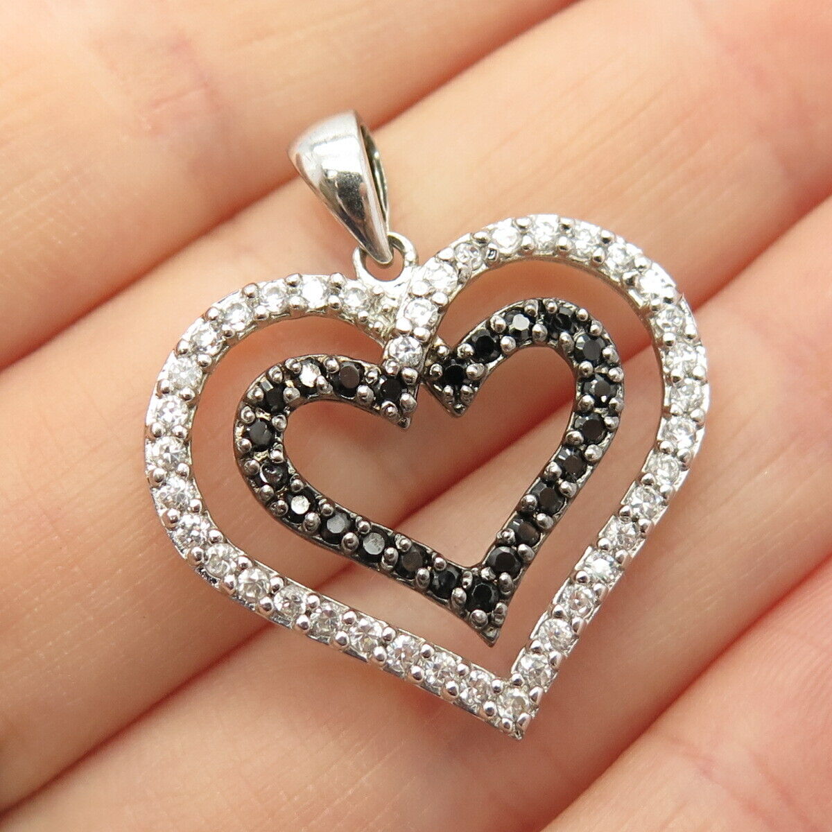 925 Sterling Silver Real Melanite Gemstone & C Z Double Heart Pendant