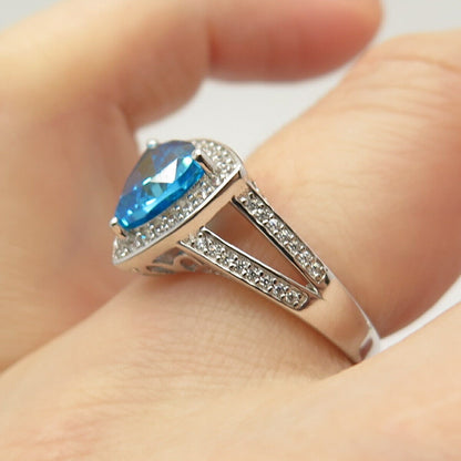 925 Sterling Silver White & Blue Topaz-Tone C Z Ring Size 6