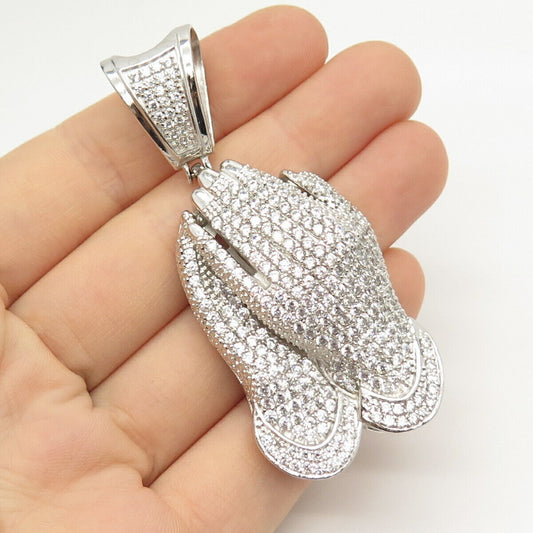 925 Sterling Silver Pave C Z Hands in Serenity Pendant