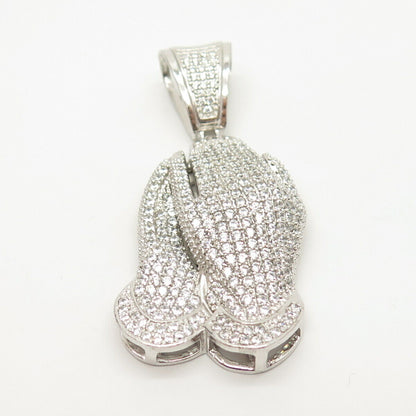 925 Sterling Silver Pave C Z Hands in Serenity Pendant