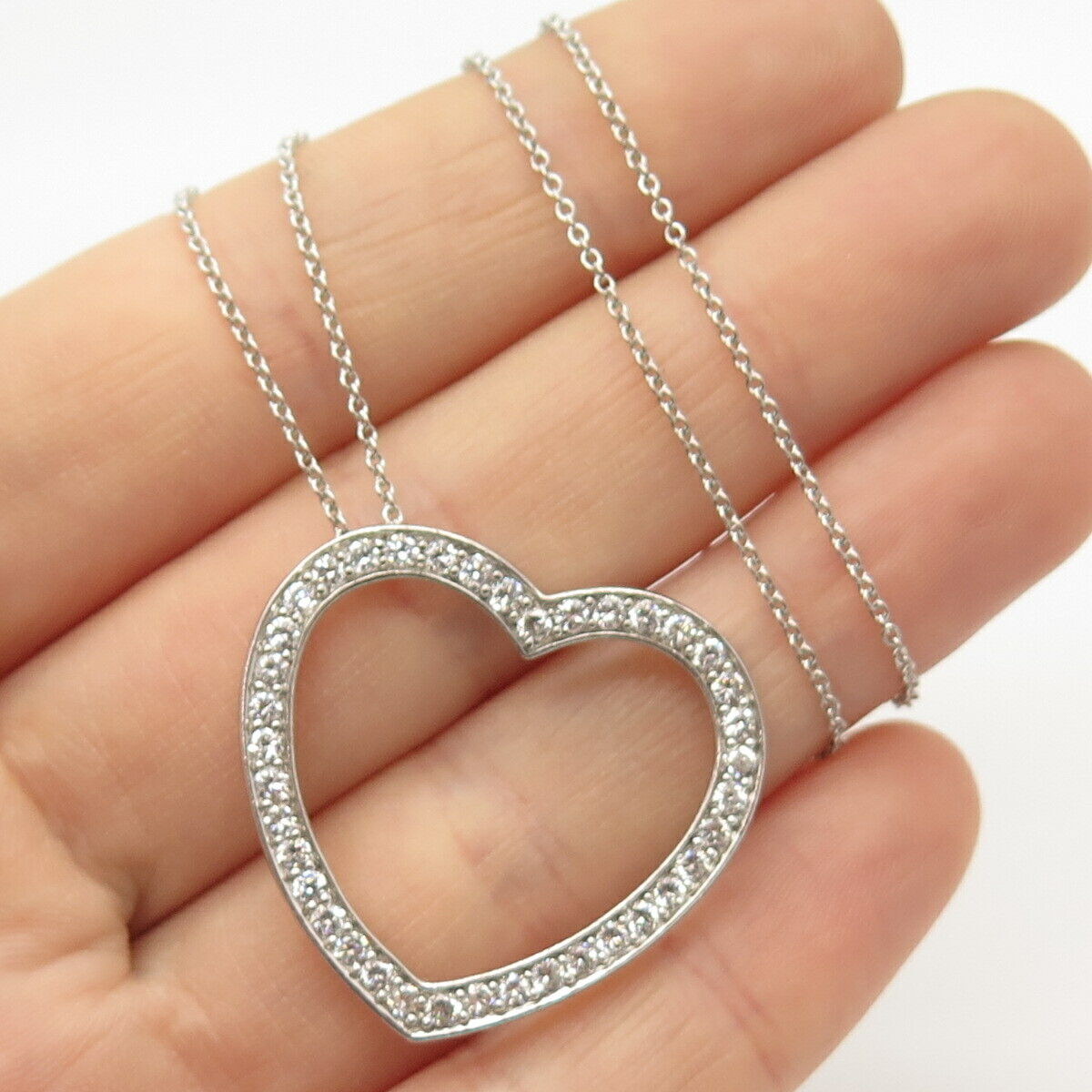 925 Sterling Silver Pave C Z Open Heart Rolo Chain Necklace 18"