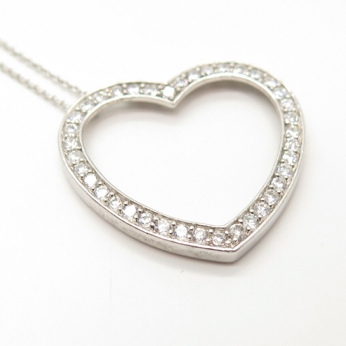 925 Sterling Silver Pave C Z Open Heart Rolo Chain Necklace 18"