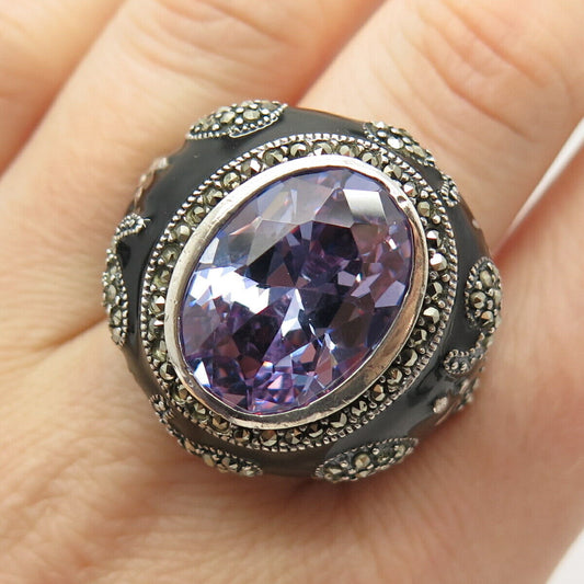 925 Sterling Silver Vintage Marcasite Gem Amethyst-Tone C Z Enamel Ring Size 8