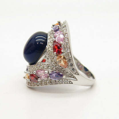 925 Sterling Silver Multi-Color C Z Statement Ring Size 7