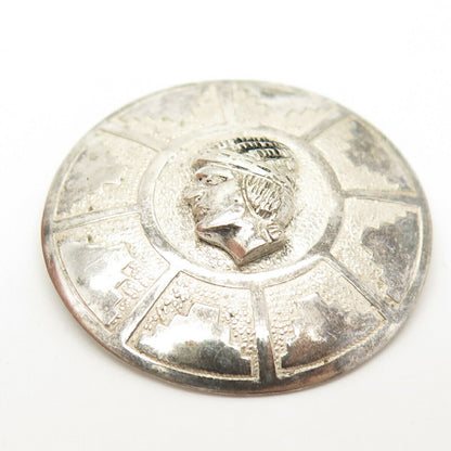 900 Coin Silver Vintage Ecuador Man's Profile Round Pin Brooch / Pendant