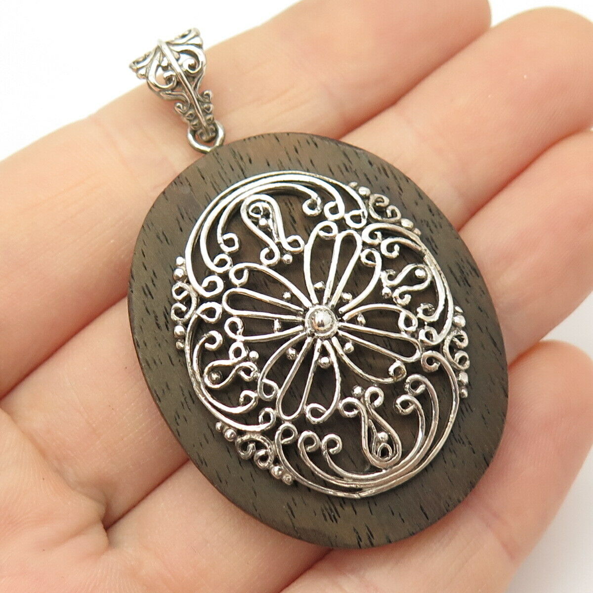 925 Sterling Silver Vintage Wood Ornate Large Pendant