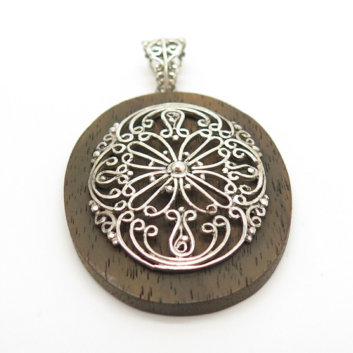 925 Sterling Silver Vintage Wood Ornate Large Pendant