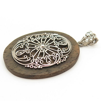 925 Sterling Silver Vintage Wood Ornate Large Pendant