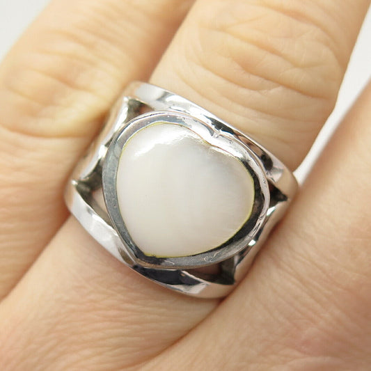 925 Sterling Silver Real Mother-of-Pearl Heart Ring Size 6.5