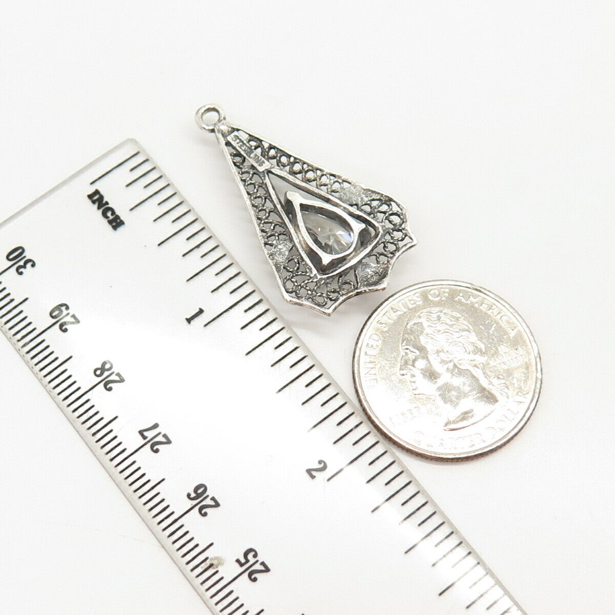 925 Sterling Silver Vintage C Z Ornate Pendant