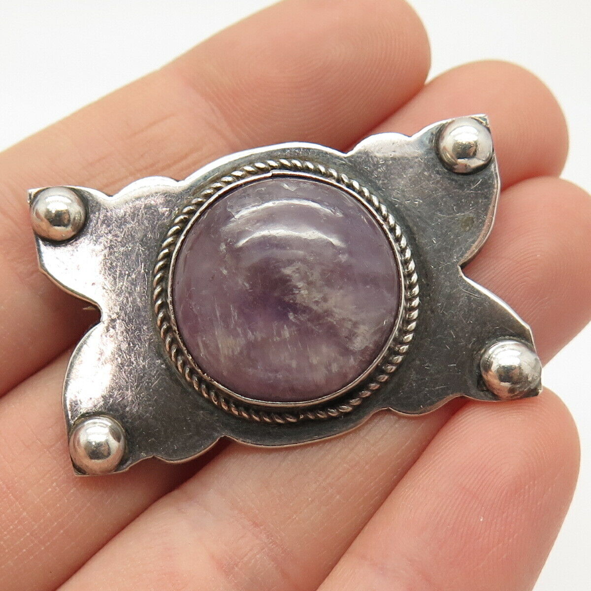 925 Sterling Silver Vintage Mexico Real Amethyst Gemstone Pin Brooch