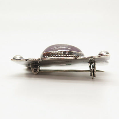 925 Sterling Silver Vintage Mexico Real Amethyst Gemstone Pin Brooch