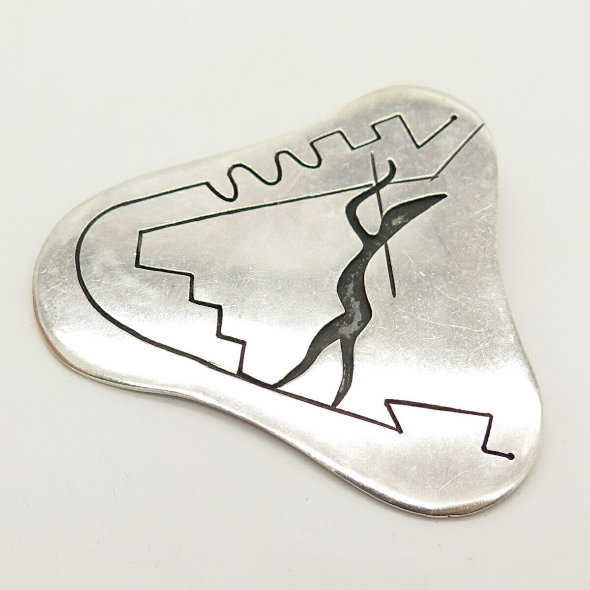 925 Sterling Silver Vintage Mexico Tribal Etched Pin Brooch