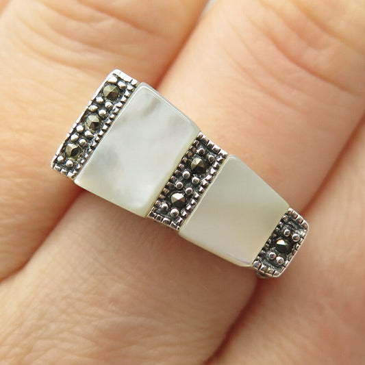 925 Sterling Silver Vintage Mother-of-Pearl & Marcasite Gem Ring Size 7