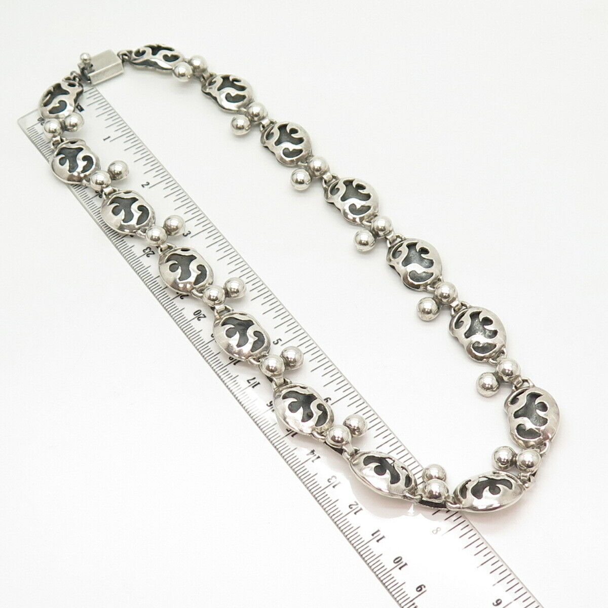 925 Sterling Silver Vintage Mexico Tribal Symbols & Bead Chain Necklace 19"