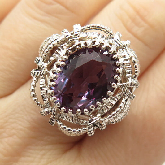 925 Sterling Silver Real Amethyst Gemstone Ornate Domed Ring Size 7.5