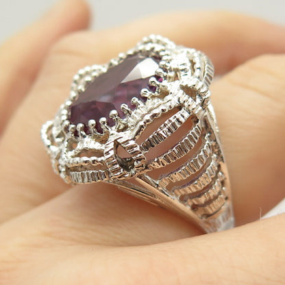 925 Sterling Silver Real Amethyst Gemstone Ornate Domed Ring Size 7.5